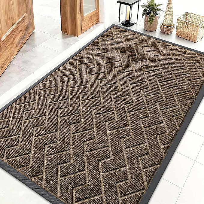 OLANLY Front Door Mat Indoor Outdoor Entrance, Waterproof All-Season, All-Weather Doormat, Sturdy Natural Rubber, Low Profile, Easy Clean Patio Porch Entryway Mat, Herringbone Brick (Brown, 47x32)