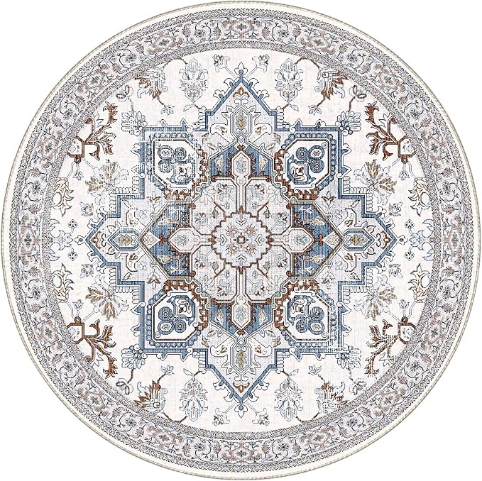 OPPODREAM Soft Round Rug 5ft, Neutral Washable Circle Rug 5ft with Non Slip Backing Play Room, Low-Pile Carpet 5 ft, Faux Cashmere Throw Carpet, Cream White & Blue & Light Brown