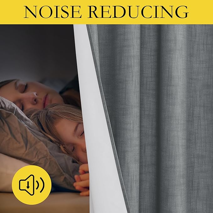 NICETOWN 100% Absolutely Blackout Linen Curtains with Thermal Insulated White Liner, Dove Grey, W62, 2 Pieces, Noise Reducing Textured Linen Look Curtains for Windows 95 inch Length for Classroom