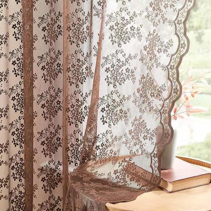 YJ YANJUN Vintage Lace Curtains 108 Inches Long-Victorian Floral Pattern Brown Sheer Curtain Panels for Living Room Tall Windows,Light Filtering, Rustic Farmhouse Neutral Decor 2 Panels 52W x 108L