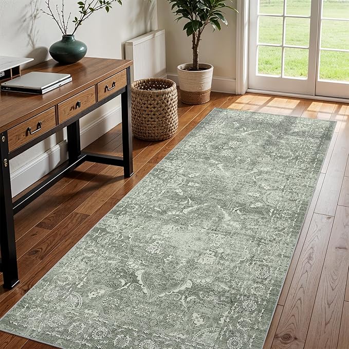 Washable 3x8 Runner Rug - Non-Slip Vintage Runner Rug for Entryway Low-Pile Medallion Long Rugs for Hallway Waterproof Traditional Runner Rug Indoor Thin Rug for Kitchen (Muted Sage Green)