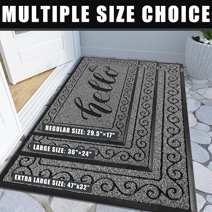 Yimobra Welcome Mats for Front Door 29.5x17, Heavy Duty Waterproof Outdoor Door Mat Outside Entrance, Non-Slip Low Profile Indoor Entryway Mat for Garage Patio, Black Gray
