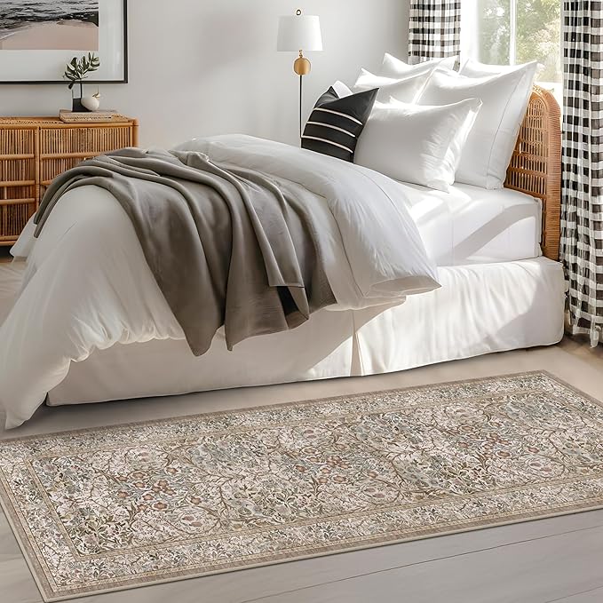 Hazo Haus Moss Green 2x5 Bathroom Rug Runners Non Slip Washable - Neutral Runner Rug for Kitchen Floor, Bedroom, Laundry Room, Hallway - Thin Vintage Oriental Taupe Bathroom Rugs Stain Resistant