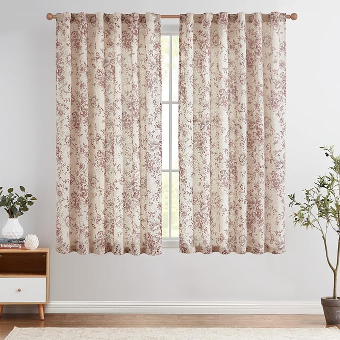 jinchan Linen Blend Curtain Floral Curtains for Living Room 54 Inch Length Farmhouse Brick Red Printed Curtain Rod Pocket Back Tab Peony Flower Patterned Drapes Curtains Set 2 Panels