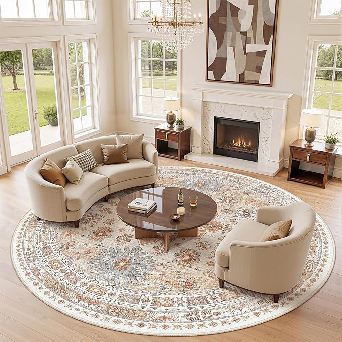 zesthome 9ft Round Rugs for Living Room, Non-Slip Washable Round Area Rugs, Ultra-Thin Large Circle Rugs, Soft Low Pile Rug for Bedroom, Kitchen - Vintage Stain Resistant Round Rug (Orange,9'x9')