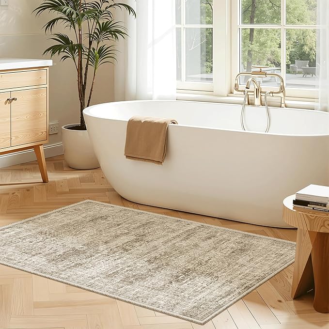 2x3 Washable Rugs for Kitchen, Floor, Entryway, Powder Room Small Area Rug Non-Slip Vintage Low Pile Throw Door Mat Brown