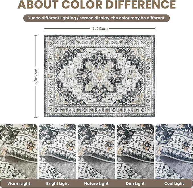 zesthome 5x7 Area Rugs, Machine Washable Rugs for Living Room, Bedroom,Stain Resistant Vintage Large Area Rug,Non-Slip Medallion Pattern Home Decor Rugs (Black,5'x7')