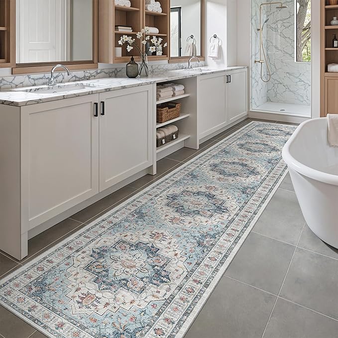 Madane Hallway Runner Rug 2x12, Extra Long Washable Runner Rugs with Rubber Backing, Non Slip Carpet Runner, Vintage Medallion Rug Runners for Kitchen Laundry Room Entryway (Blue, 2'x12')