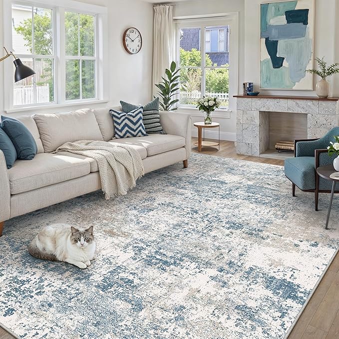 PureCozy Blue 8x10 Area Rug Washable Modern Abstract Living Room Carpet Non Slip Neutral Low Pile Soft Contemporary Aesthetic Bedroom Large Rug Indoor Office Dining Room Playroom