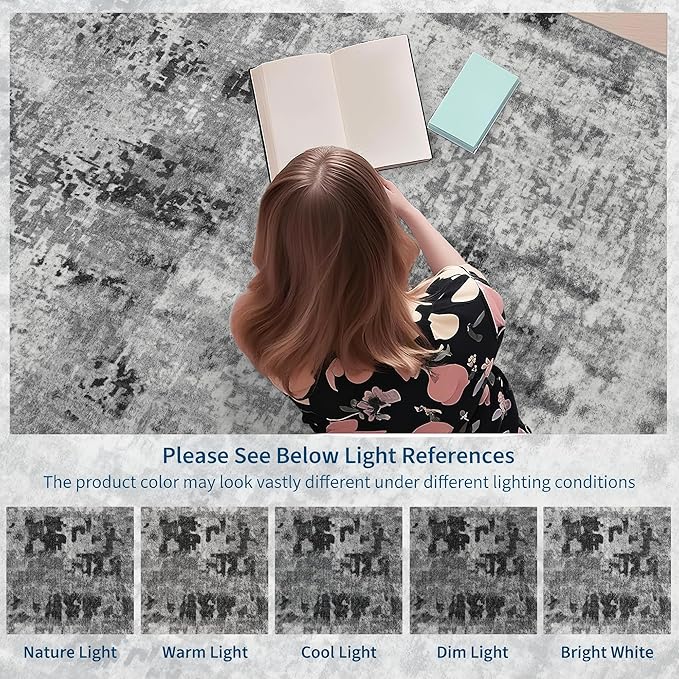 Living Room Rug 9x11 Gray Area Rugs Machine Washable Abstract Boho Large Rug Non-Slip Non-Shedding Faux Wool Indoor Vintage Carpet for Bedroom, Classroom, Dining Room, Kids Playroom