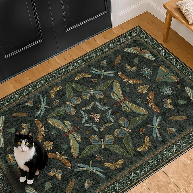 Green and Black Entryway Rug - 3x5 Throw Rug for Large Kitchen, Entry Way, Mudroom, Dark Unique Insect Print, Washable Low Pile Floor Carpet