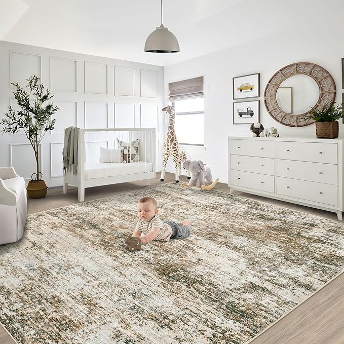 8x10 Area Rugs for Living Room, Washable Modern Abstract Large Area Rug Neutral Soft Non Slip Kids Rug Stain Resistant Indoor Carpet for Bedroom Nursery Dining Room Playroom(Brown, 8'x10')