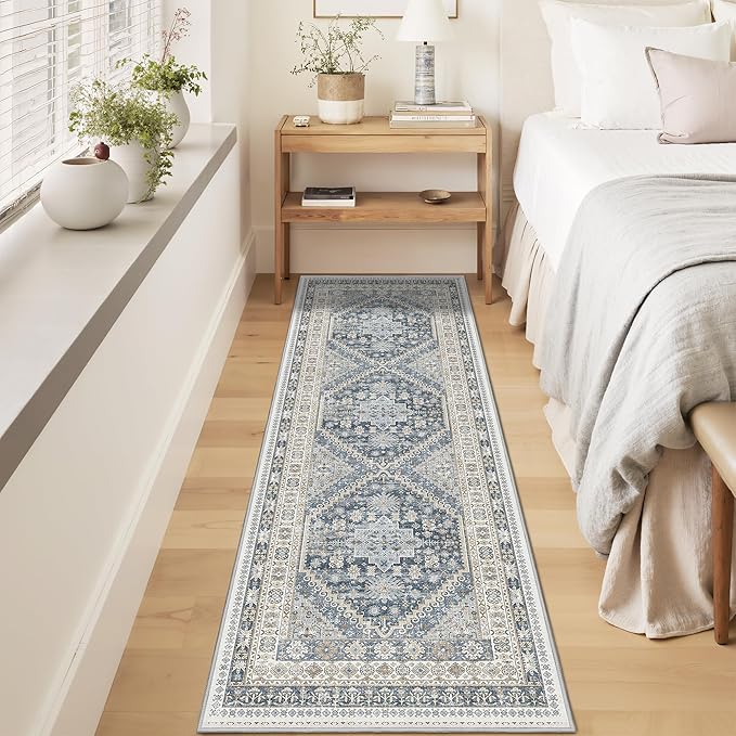 Kitchen Runner Rug Non Slip Washable 2.5x8, Soft Low Pile Entryway Rug Runners for Hallways,Carpet Runner for Living Room,Kitchen, Laundry, Bathroom(Blue/Beige,2.5'x8')