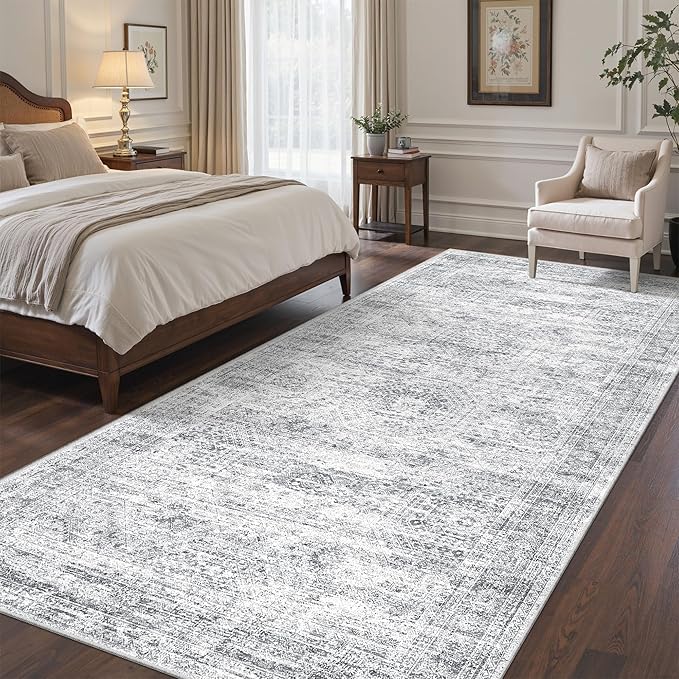 4x8 Rug for Bedroom,Wide Runner Rug for Hallway, Non Slip Washable Runner Rug for Living Room, Low Pile Soft Entryway Kitchen Rug, Modern Home Decor Mat for Dining Room(4'x8', Grey/Ivory)