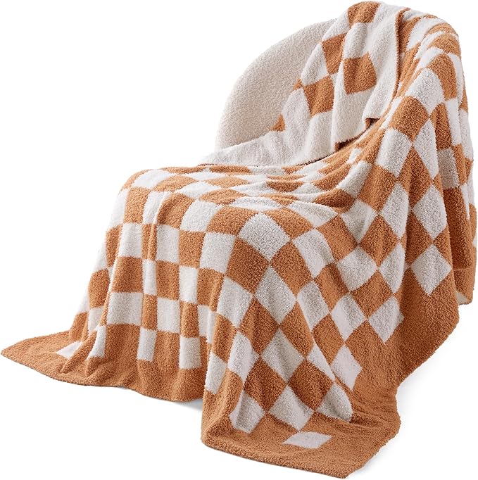 Bedsure GentleSoft Checkered Throw Blanket for Couch - Super Soft Cozy & Warm Knit Burnt Orange Blanket, Breathable, Lightweight & Fluffy Plaid Blankets for Bed, Sofa, Gifts for Women, 50x60 Inches