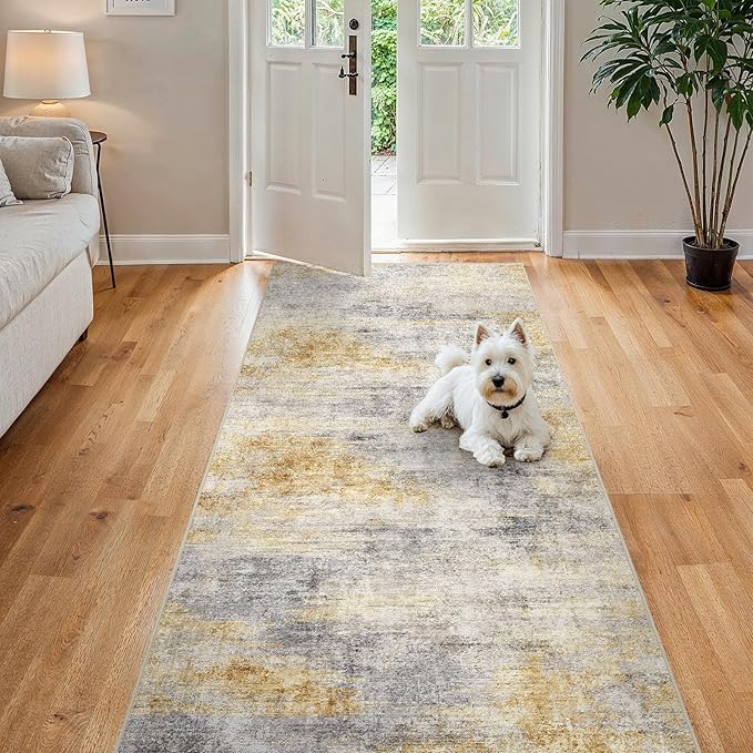 4x8 Washable Kitchen Runner Rug: Modern Abstract Wide Runners for Hallway Soft Non Slip Rugs with Rubber Backing Low Pile Thin Carpet for Entryway Bedroom Bathroom Laundry Indoor(Grey/Yellow,4x8)