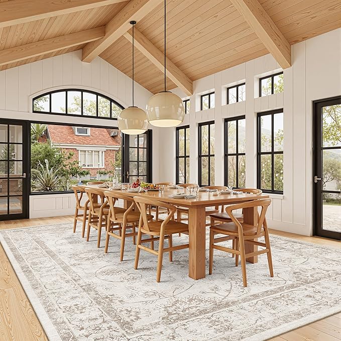 Madane Living Room 10x14 Area Rugs,Washable Low Pile Non-Slip Stain Resistant Extra Large Thin Rug, Vintage Soft Throw Carpet for Dining Room Bedroom Farmhouse Home Office Decor (10 x 14, Brown/Ivory)