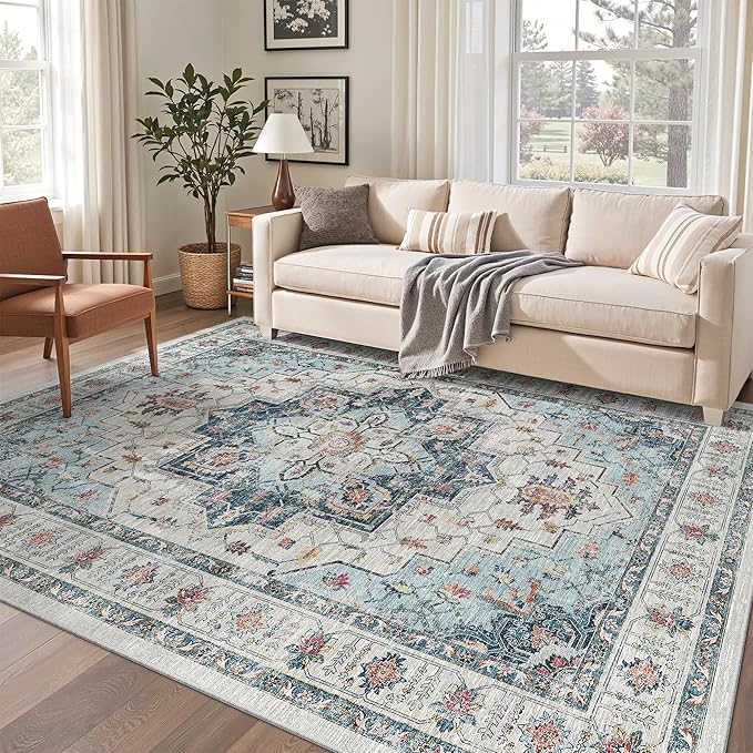 Madane 6x9 Area Rugs for Living Room, Stain Resistant Washable Rugs, Non-Slip Backing Area Rug, Vintage Home Decor Rug for Bedroom (Blue, 6'x9')