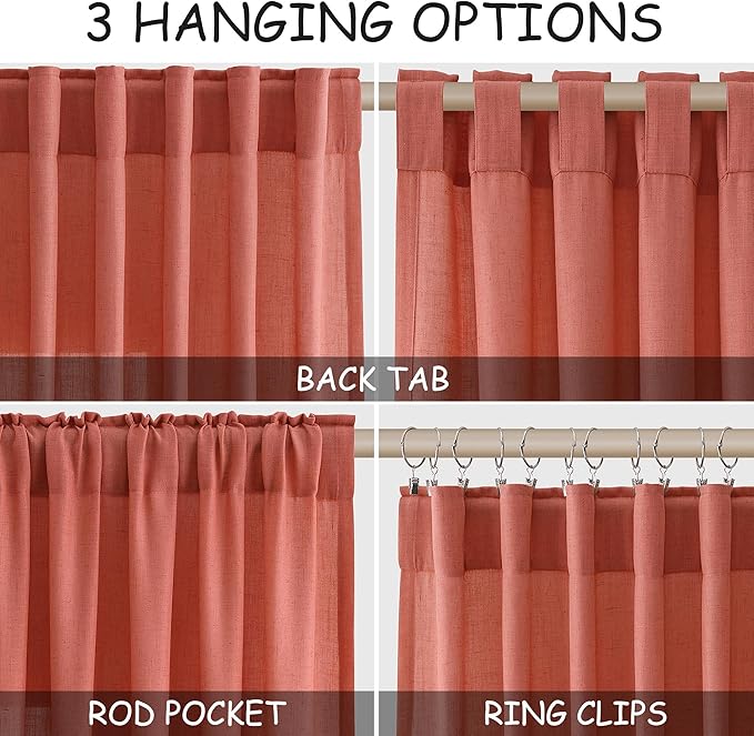 Nanspring Coral Linen Curtains 120 Inches Long 2 Panels Set Back Tab Loop Pocket Light Filtering Semi Sheer Boho Large Window Decor Extra Long Drapes for High Ceiling Living Room 52x120