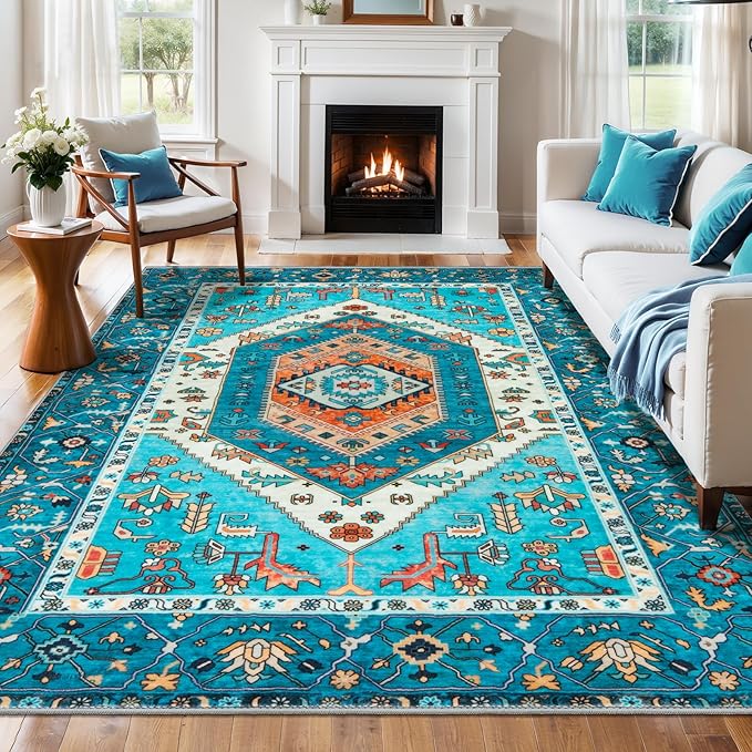 SERISSA 6x9 Area Rugs for Living Room, Large Washable Non-Slip Boho Rug, Ultra Soft Vintage Blue Oriental Tribal Print Distressed Carpet for Dining Room Bedroom Dorm Office Home Decor