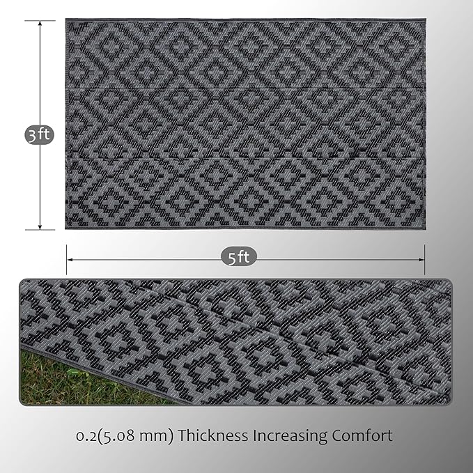 Outdoor Rug 3 x 5 Ft Reversible Black Grey Lattice Polypropylene