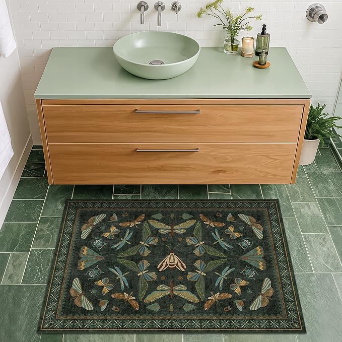 Hazo Haus 2x3 Entry Way Rugs Indoor - Dark Green Small Throw Rug for Kitchen, Bathroom, Insect Boho Design, Washable Non Slip Stain Resistant