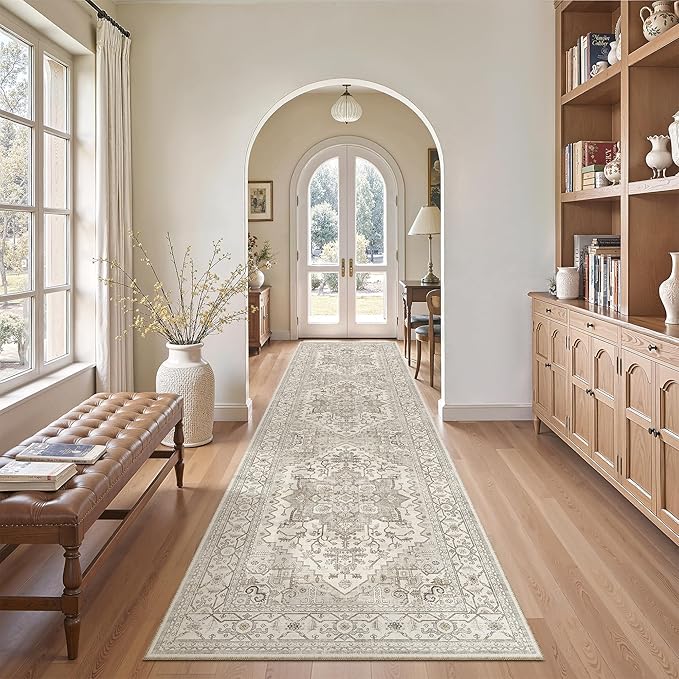 Madane Hallway Runner Rug 2'6''x10' Kitchen Runner, Non Slip Vintage Runners for Hallways 10ft Washable Kitchen Rugs Soft Low Pile 2.5x10 ft Rug Runner for Entryway and Bedroom, Beige/Brown