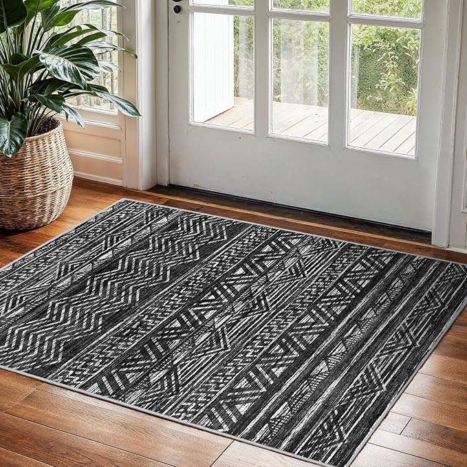 2x3 Washable Entryway Area Rug: Moroccan Small Runner Rug for Hallway Soft Modern Non Slip Door Mat with Rubber Backing Low Pile Thin Floor Carpet for Kitchen Bathroom Bedroom Indoor(Black,2x3)