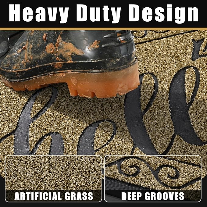 Yimobra Welcome Mats for Front Door 29.5x17, Heavy Duty Waterproof Outdoor Door Mat Outside Entrance, Non-Slip Low Profile Indoor Entryway Mat for Garage Patio, Beige Brown