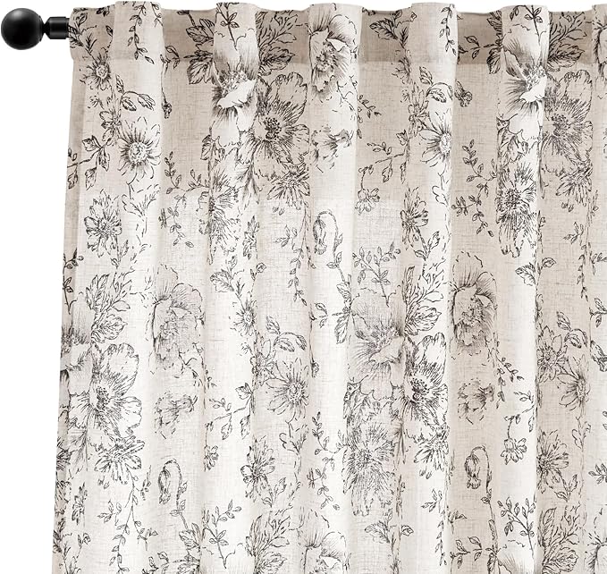 jinchan Linen Blend Curtain Floral Curtains for Living Room 96 Inch Length Black Printed Curtain Rod Pocket Back Tab Farmhouse Peony Flower Patterned Drapes Bedroom Window Curtains Set 2 Panels