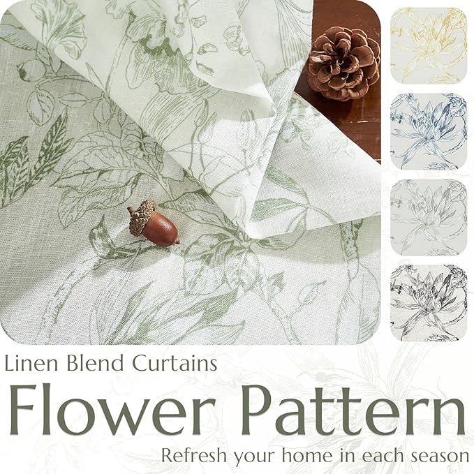 jinchan Floral Curtains 63 Inch Length Sage Green Flower Linen Farmhouse Curtain for Living Room French Country Vintage Curtain Rod Pocket Curtains Set 2 Panels Floral Printed