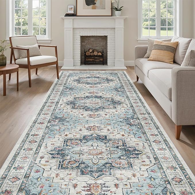 Madane 4x12 Wide Hallway Runners: Washable Runner Rug for Entryway Living Room Soft Vintage Non Slip Carpet Runner for Kitchen Dining Room Nursery Bedroom Thin Area Rug (Blue, 4x12ft)