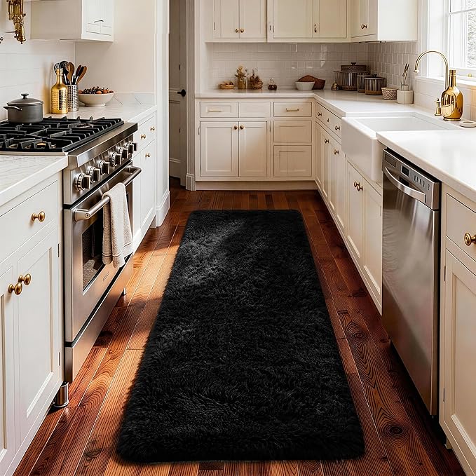 Ophanie Runner Rug for Hallway, 2x6 Bedroom Black Runner Rugs, Non Slip Fluffy Soft Shaggy Bedside Carpet for Kids Girls Boys Home Decor Aesthetic, Dorm Nursery
