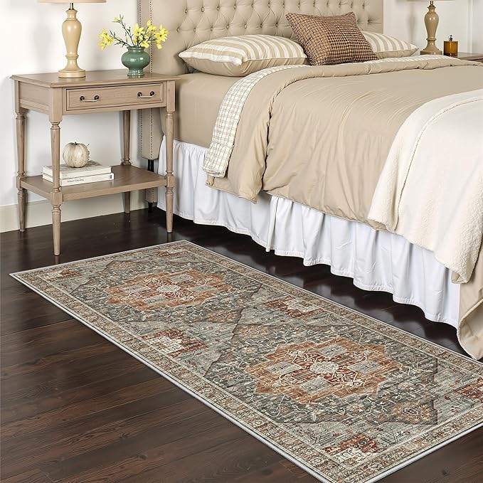 Runner Rug 2x6, Non Slip Washable Rugs for Laundry Room, Runners for Hallways, Low Pile Vintage Soft Rugs for Living Room, Kitchen Bathroom,Bedroom Rug(Grey/Brown/Tan,2'x6')