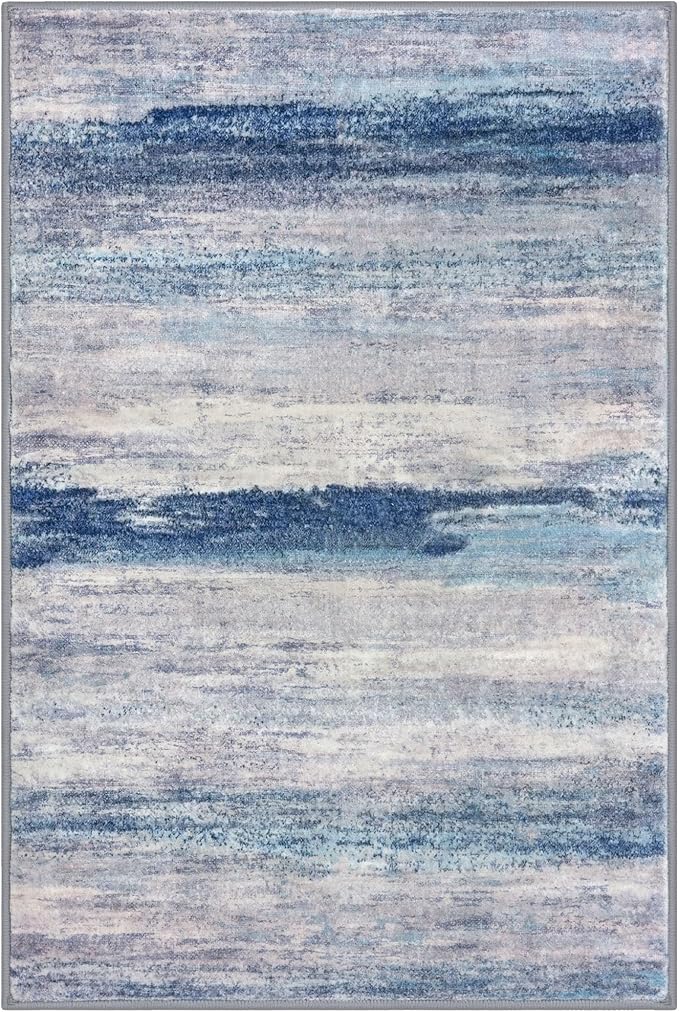 KOZYFLY Modern Abstract Small Area Rugs, 2x3 Washable Kitchen Rug Non-Slip Soft Small Bathroom Rug, Blue/Grey/Beige Striped Entryway Rugs Abstract Print Faux Wool Doormat for Bedside Entrance Bedroom