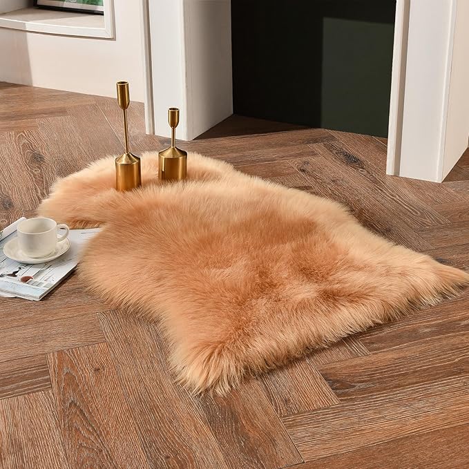duduta Beige Faux Sheepskin Throw Rug 2x3 ft, Small Fluffy Shag Fur Rug for Bedroom Kids Room Dorm Decor Chair Covers Non Slip