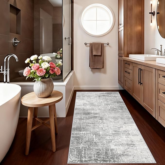 Washable Abstract 2x6 Kitchen Rug: Non-Slip Sink Stove Floor Mat Water-Resistant Entryway Bathroom Carpet Soft Dining Room Bedroom Runner for Family with Elderly Dogs Modern Home Decor(2x6 Light/Grey)