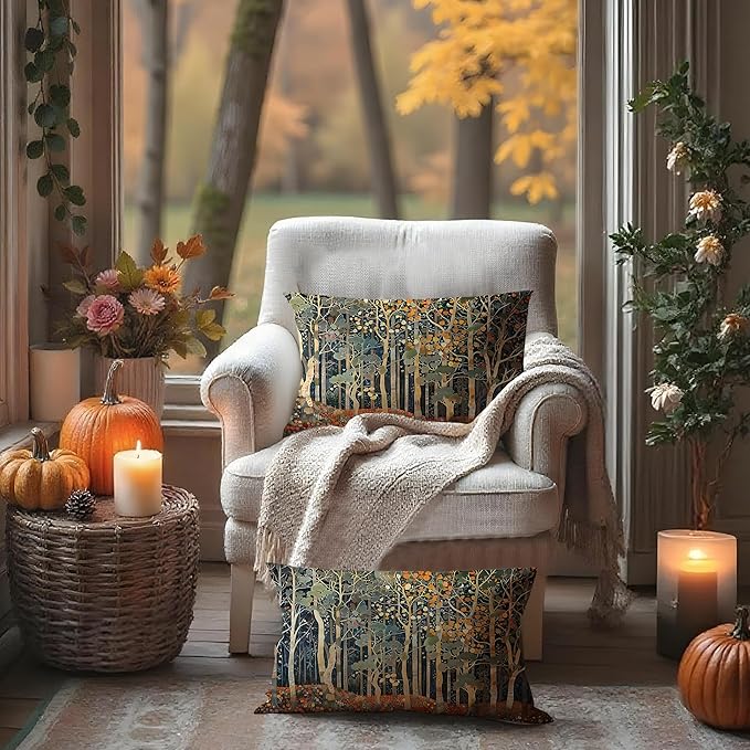 Rustic Autumn Forest Pillow Covers 20x12 Set of 2, Fall Home Room Decor, Vintage Botanical Nature William Morris Inspired Decorative Throw Pillow Covers for Home Bedroom Living Room