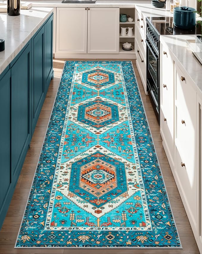 SERISSA Boho Washable Runner Rug, 2'6"x8' Rug Runner Non-Slip Vintage Blue Hallway Kitchen Runner Rug Ultra Soft Print Distressed Tribal Floor Carpet Runner for Bedroom Bathroom Laundry Room