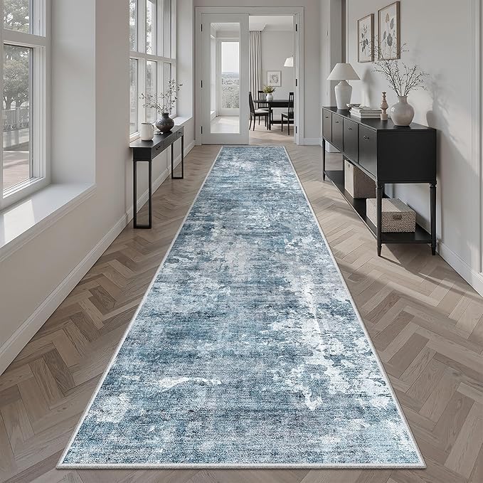 Runner Rug 2x12 Washable Non-Slip Hallway Runner Rugs for Kitchen Bathroom Laundry Room Blue/Grey Vintage Floor Carpet Runners for Hallways Entryway