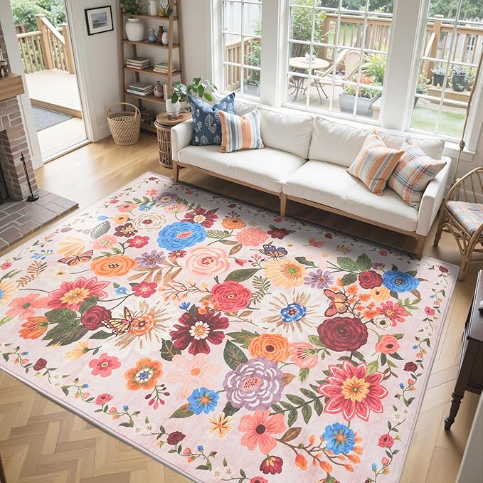 Pink/Beige Living Room Rugs, Area Rugs 5x8 Rug for Bedroom Ultra-Thin Soft, Non-Slip Washable Rugs Stain Resistant Boho Rug Low-Pile Throw Rug for ‎Dining Room Office (5 x 8, Beige/Pink)