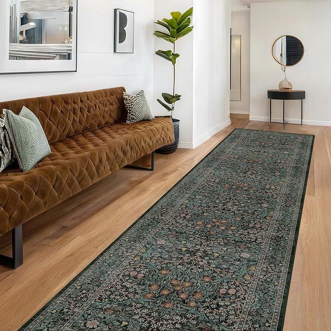 Dark Green Washable 3x16 Extra Long Runner Rug for Hallway Non Slip, Large Kitchen Indoor Floor Rugs for Entryway Hall Way, Soft Stain Resistant Low Pile Vintage Floral Carpet