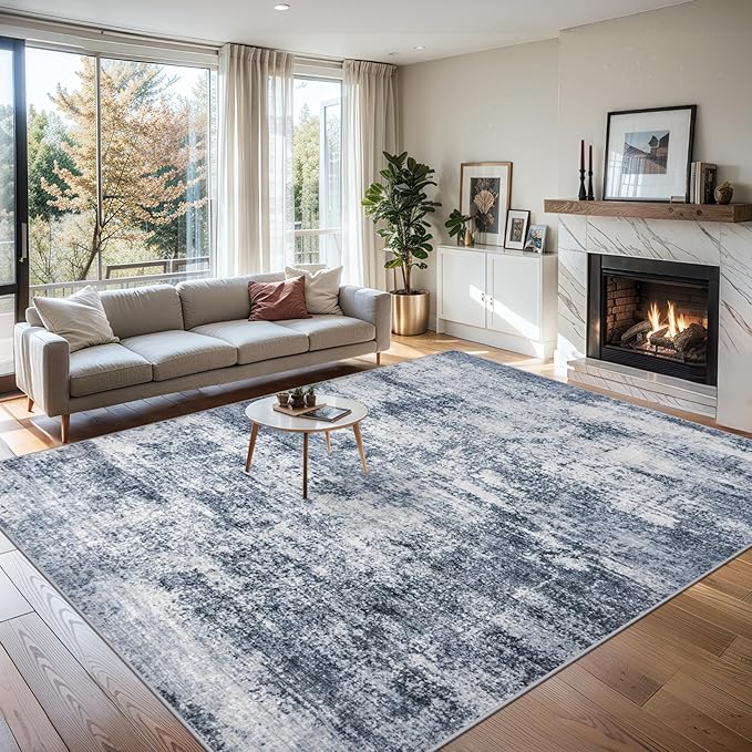 Area Rugs 9x12 Living Room - Washable Rug Modern Abstract Soft Large Neutral Non-Slip Carpet Indoor Floor Thin Carpets for Bedroom Dining Room Farmhouse Nursery Home Office Grey Blue