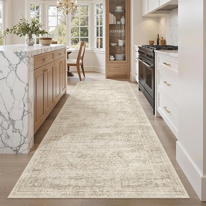 Soalmost Hallway Runner Rug 4x8 Wide: Washable Thin Runners for Hallways Entry, Non Slip Soft Vintage Kitchen Area Rugs for Living Room Bedroom Dining Room Foyer (Beige, 4x8)