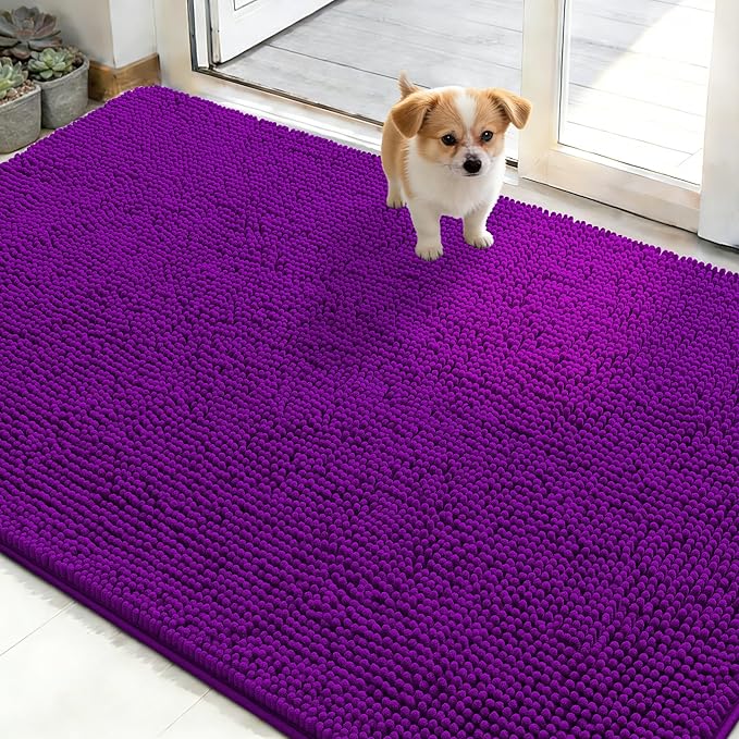 OLANLY Dog Door Mat for Muddy Paws 48x30, Absorbs Moisture and Dirt, Absorbent Non-Slip Washable Doormat, Quick Dry Chenille Mud Mat for Dogs, Entry Indoor Entryway Carpet for Inside Floor, Purple