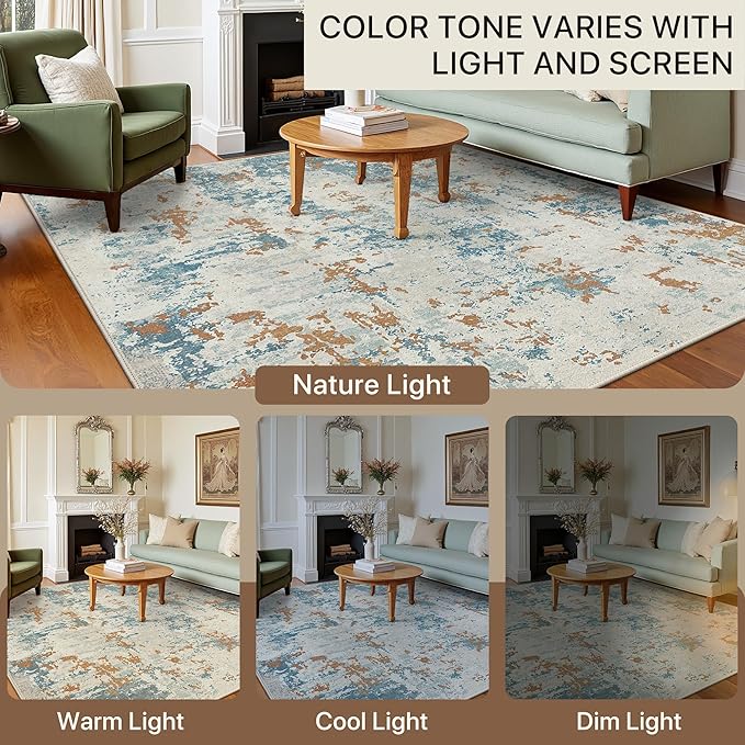 BEIMO Area Rugs 5x7 for Living Room Bedroom, Modern Abstract Machine Washable Rug, Large Soft Low Pile Floor Carpet with Non Slip Backing for Dining Room, Teal and Terracotta