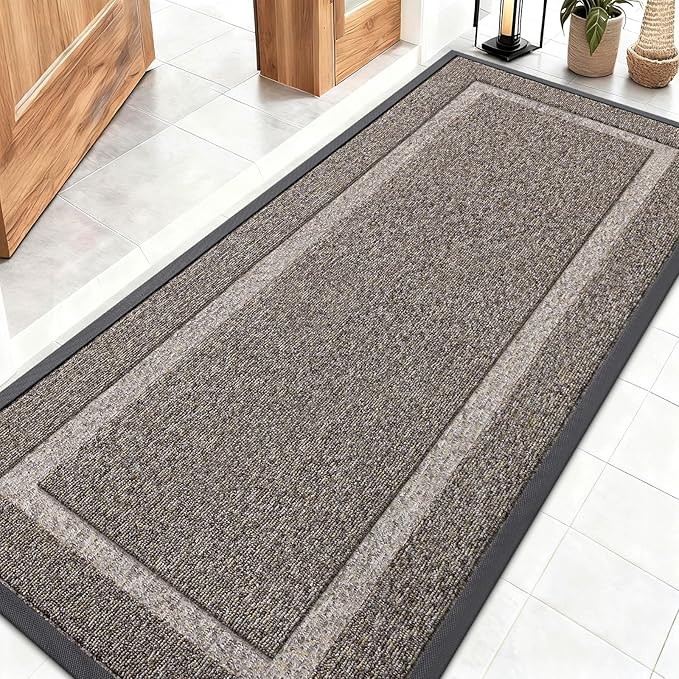 OLANLY Front Door Mat Indoor Outdoor Entrance, Waterproof All-Season, All-Weather Doormat, Sturdy Natural Rubber, Low Profile, Easy Clean Patio Porch Entryway Mat, 59x23, Khaki and White