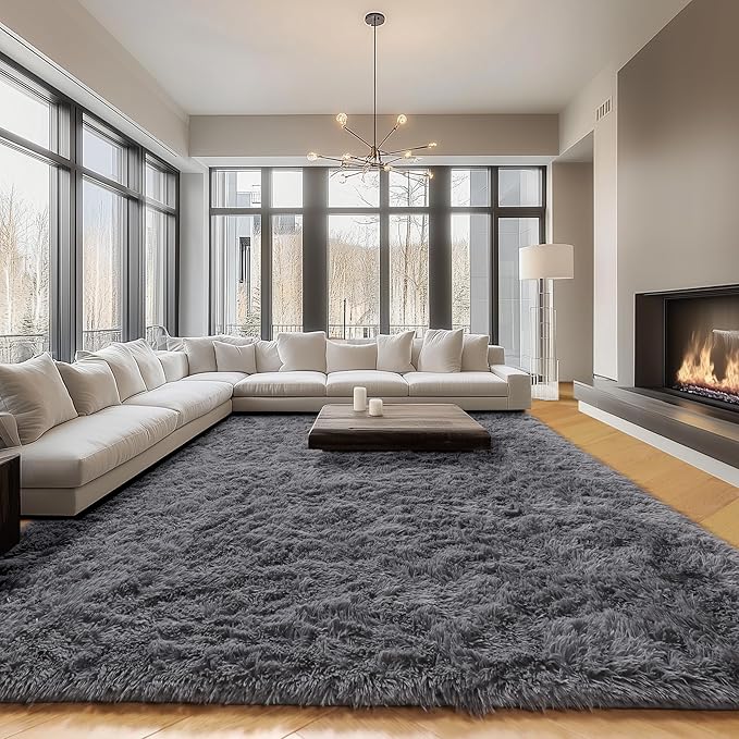 ONASAR Grey Area Rugs 9x12 Living Room, Gray Large Fluffy Shag Bedroom Rug, Soft Plush Thick Shaggy Big Floor Carpet for Kids Boy and Girls Teen Dorm Nursery Indoor Home Decor Aesthetic