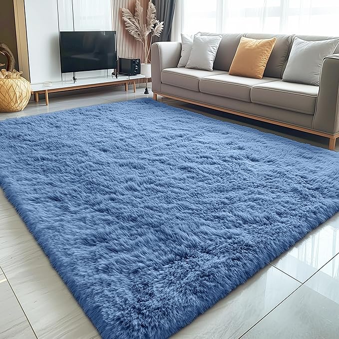 OLANLY 5x7 Machine Washable Large Area Rugs for Living Room, Bedroom, Soft Fluffy Shaggy Bedside Rug, Indoor Floor Carpet for Kids Girls and Boys, Dorms, Nursery, Home Decor Aesthetic, Blue