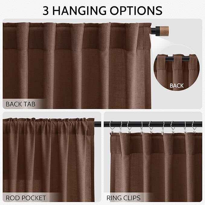 Nanspring Linen Curtains 108 Inches for Living Room Bedroom Set Mocha Brown Extra Long Back Tab Curtain Light Filtering Sheer Drapes Floor to Ceiling Curtain for Large Windows 52x108, 2 Panels